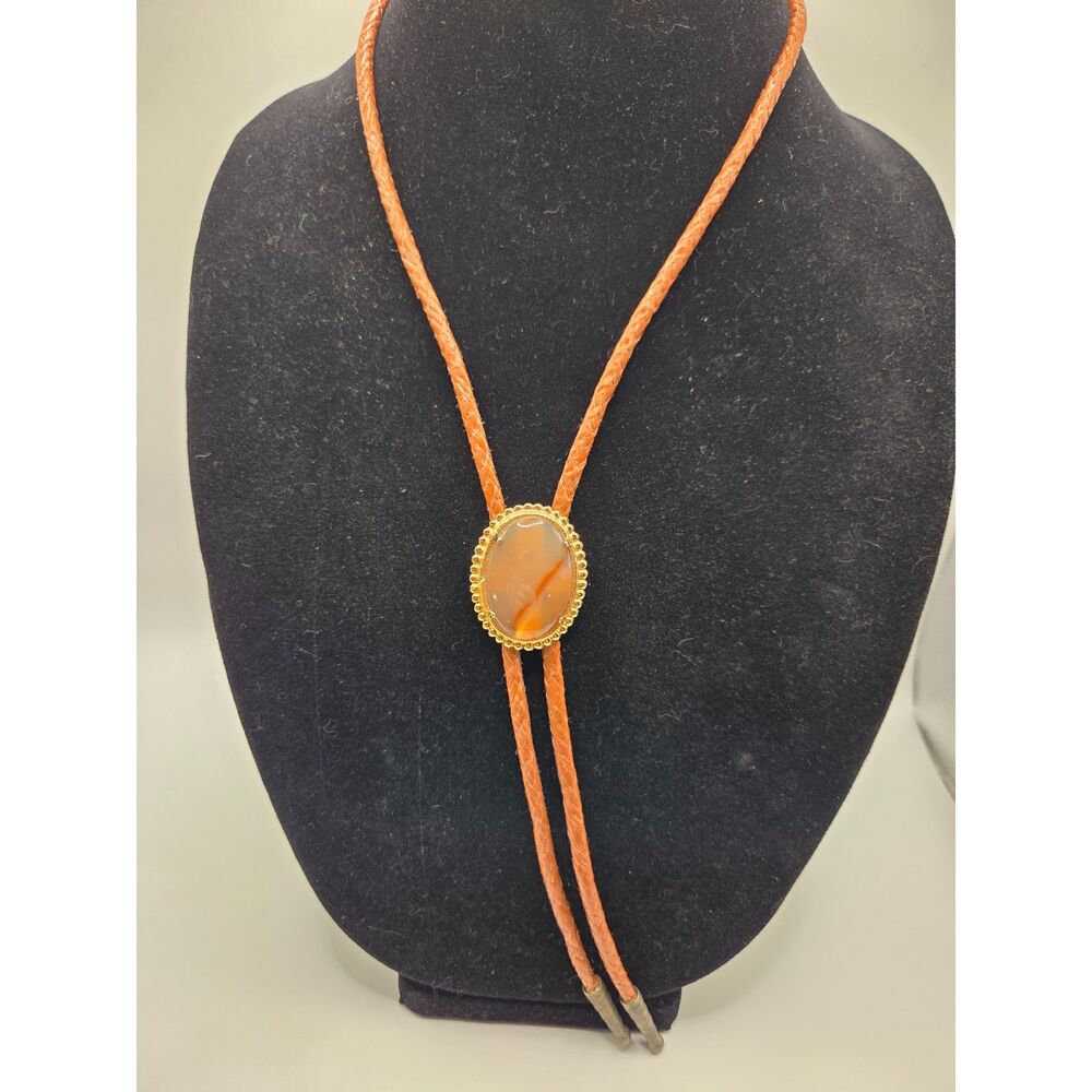 1806. Vintage Bolo Tie with Agate Stone on Braided Brown Cord